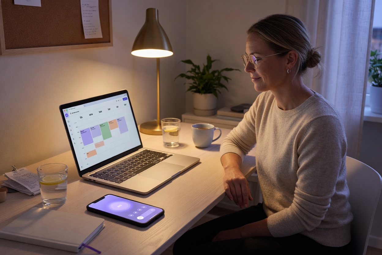 Virksomhedsejer planlægger bookinger i kalenderen, mens AI-receptionisten tager opkald — Menodi fra 595 kr./md.